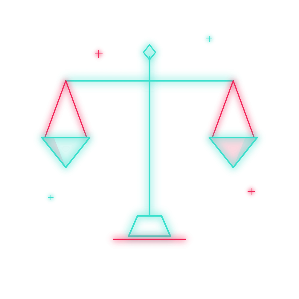Neon geometric scales of justice in teal and pink — John C. Hubbard, LLC Alabama injury law