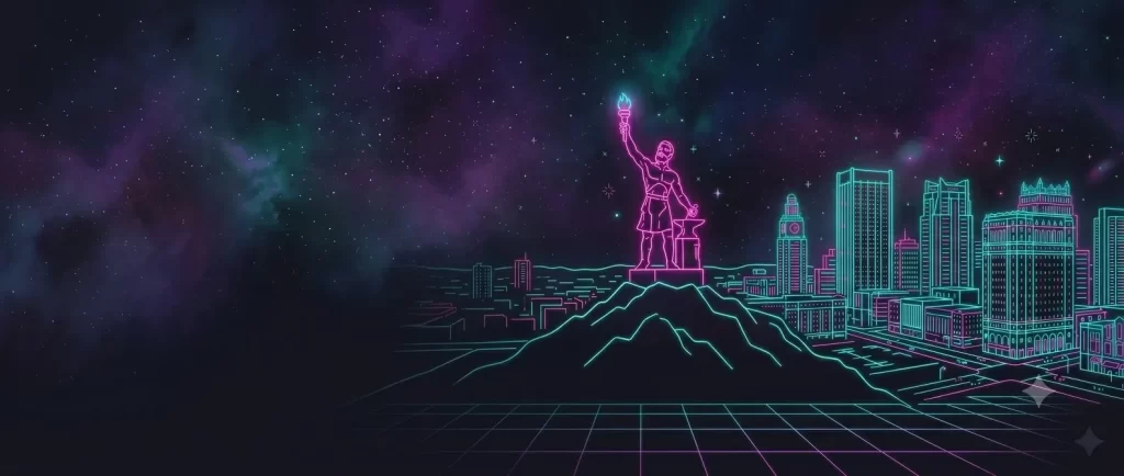 Home Neon-style illustration of the Birmingham, Alabama skyline with the Vulcan statue, representing John C. Hubbard, LLC personal injury law
